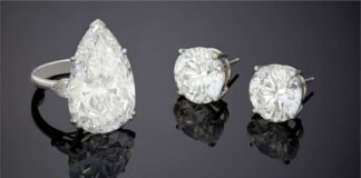 John Moran's 25.80-carat diamond ring and the pair of earrings