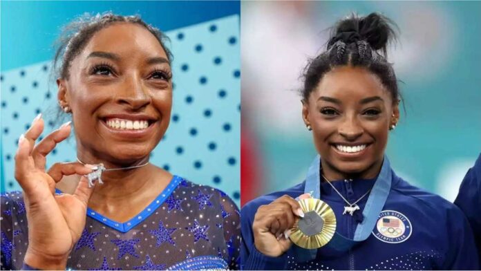 Simone Biles reveals secret of pendant with 546 diamonds after winning gold at Paris Olympics Simone Biles reveals secret of pendant with 546 diamonds after winning gold at Paris Olympics